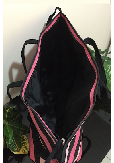 Victoria's Secret Vs Simli Siyah Pembe Çizgili Askılı Duffle Carryall Tote Siyah