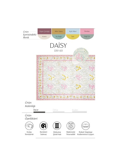 Cool Halı Daisy Krem Pembe Bohem Halı Dekoratif Vintage Otantik Çiçekli İnce Yıkanabilir Şönil Halı