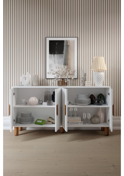 Linea Bohem Konsol 4 Kapaklı Mdf Mebran Kapak 160 Cm Modern Salon Konsolu Beyaz
