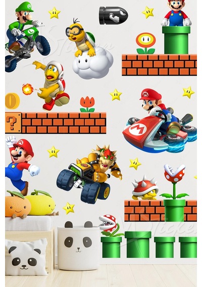 MSticker Super Mario Ve Arkadaşları Sevimli Eğlenceli Çocuk Odası Cam Duvar Sticker Seti Büyük Boy