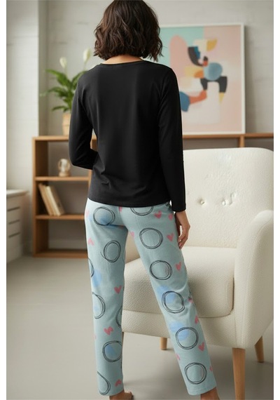 Siyah İnci Pamuklu Örme Pijama Takım 7975 Mint Pembe Kalp
