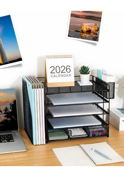 Temel Siyah Metal Mesh 4 Katlı Masaüstü Organizer Dosyalık Çekmeceli Kalemlikli 34.5x22x30 Cm 9209