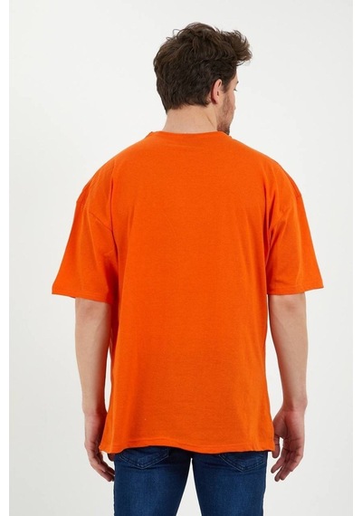 Unisex Pamuklu Turuncu Bisiklet Yaka Oversize T-shirt Turuncu
