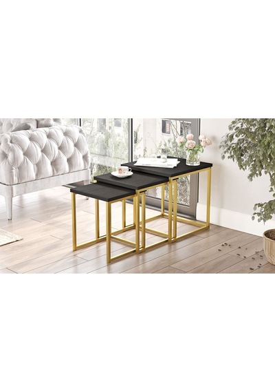 Atlantis 3'lü Gold Metal Zigon Sehpa Siyah Atl7-lb Siyah