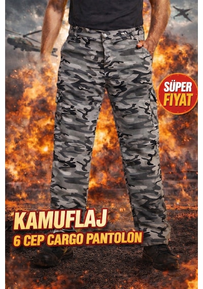 No Brand Verox Fıt Erkek Kamuflaj Kargo Pantolon Rahat Kesim Çok Cepli Günlük Gri Gri