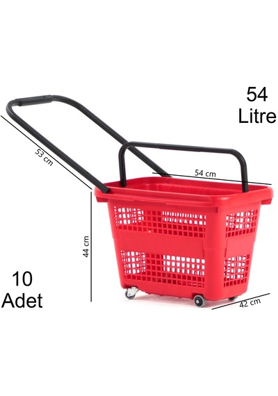 54 Litre 4 Tekerlekli Plastik Alışveriş El Sepeti Kırmızı 10 Adet / En:42 Boy:54 Yükseklik:44 Cm