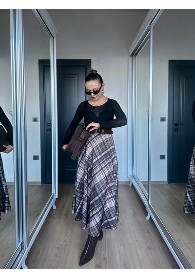 Keymoda Kadın Ekoseli Kemerli Etek Kahve Bej Kahverengi
