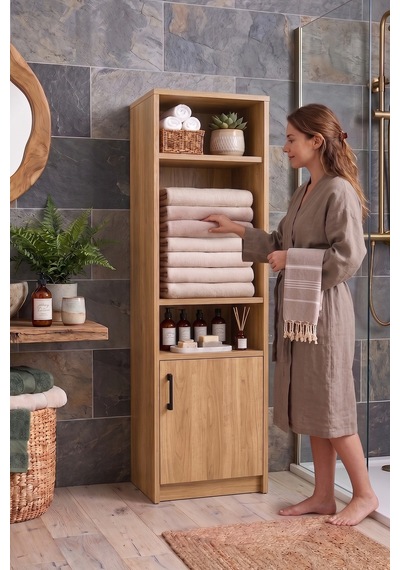 Denate Meşe Çok Amaçlı Raflı Banyo Kiler Mutfak Erzak Çamaşır Odası Dolabı Meşe Denate