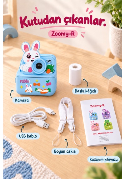 Kj/zm-003 Zoomy-r Tavşan Figürlü Anında Baskılı Çocuk Fotoğraf Makinesi, Çift Kamera, 2,4 İnç Ekran, 1080p Video, 3+ Yaş Mavi