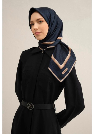 Desenli Saf Ipek Sura Eşarp 9301- 52 Lacivert Lavivert