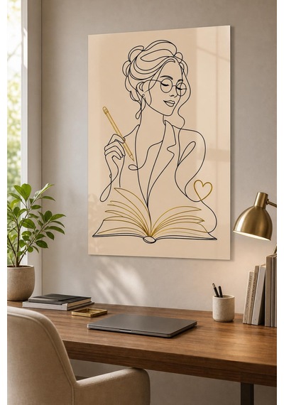 Kitap Okuyan Kadın Baskılı Cam Tablo Minimalist Çizgi Sanatı Uv Baskı