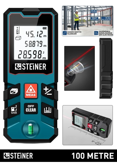 Steiner 100 Metre Su Terazili Uzunluk Alan Hacim Pisagor Ölçüm Cihazı Dijital Mesafe Ölçer Lazer Metre Mavi