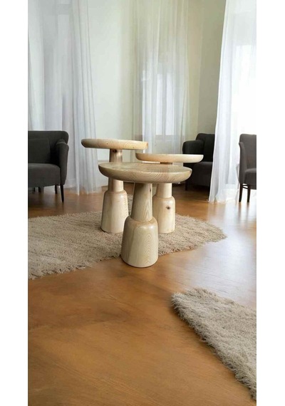 Ahşap Mantar Sehpa 3 Lü Set Naturel Renk Masif Zigon Ve Fiskos Bej