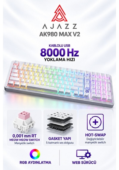 Ajazz Ak980 Max V2 8000 Hz Manyetik Rgb Oyuncu Klavyesi Beyaz Meow Meow