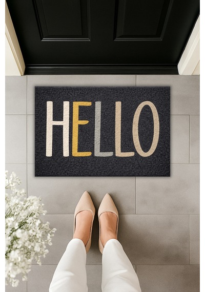Rugmood Modern Dijital Baskı Paspas - Hello Yazılı Koyu Premium Tasarım- Kapı Önü Paspası Çok Renkli