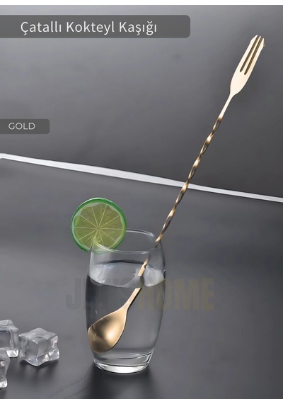 Gold Kokteyl Kaşığı Çift Başlıklı Paslanmaz Barista Kaşığı Çatallı Barmen Kaşığı Çelik 30 Cm Gold