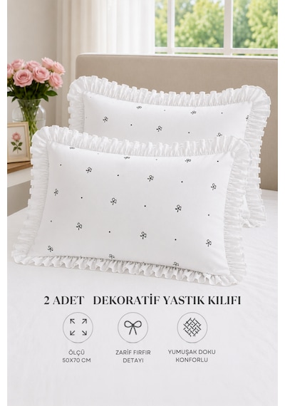 2 Li Pamuklu Fırfırlı Yastık Kılıfı 50x70 Beyaz