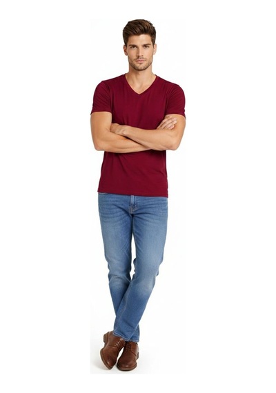 Novalisse Erkek Body T-shirt V Yaka Slim Fit Likralı Kısa Kol Tişört - Bordo Çoklu Renk