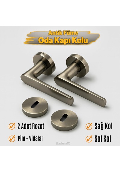 Antik Füme Oda Tipi Kapı Kolu Rozetli Sağ Sol Uygun Modern İç Kapı Kilitli 1 Takım Genel