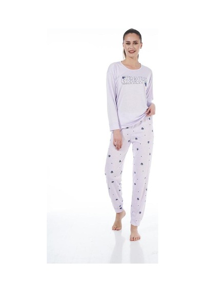 Estiva Desenli Uzun Kol Viskon Bayan Pijama Takım Lila