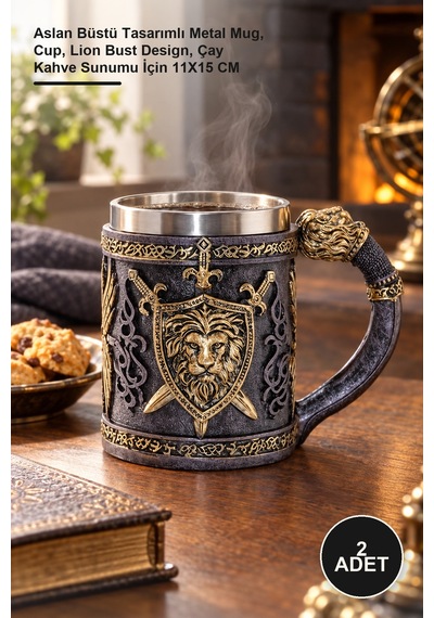 2 Adet Paslanmaz Çelik Kupa Bardak Aslan Büstü Tasarımlı Metal Mug, Cup, Lion Bust Design, Çay Kahve Sunumu İçin 11x15 Cm