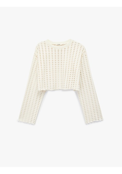 Koton Uzun Kollu Bisiklet Yaka Triko Crop Ajurlu Kazak Ekru 6sak50111ek