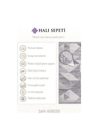 Halı Sepeti Safir A5902b Gri Halı 14mm Hav, Robot Süpürge Uyumlu Salon & Koridor Halısı Gri