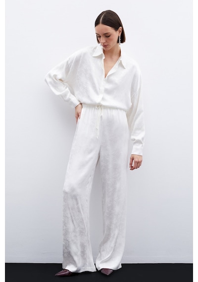 Sateen Jakarlı Saten Pantolon - Ekru-136050 Ekru