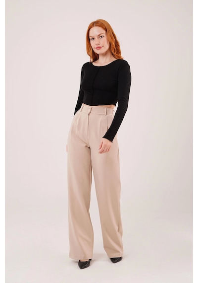 Defymoda Bol Paça Piliseli Bej Pantolon Bej