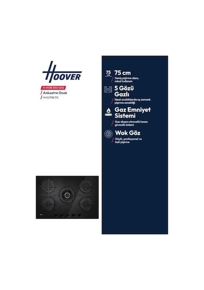 Hoover HVG7PB/TK 5 Gözlü Cam Yüzeyli Gazlı Ankastre Ocak