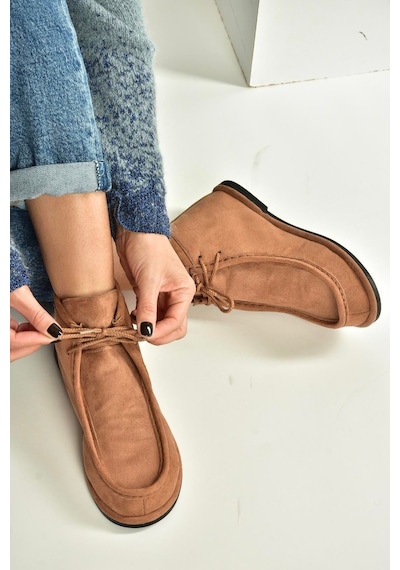Fox Shoes V846926302 Taba Süet Düz Tabanlı Bağcıklı Kadın Bot Taba