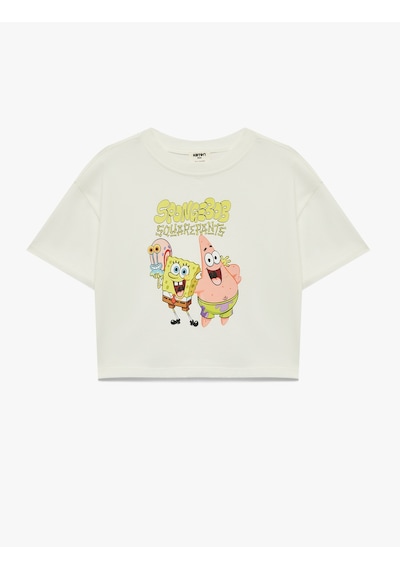 Koton Lisanslı Spongebob Baskılı Kısa Kollu Pamuklu Tişört Ekru 6skg10512ak
