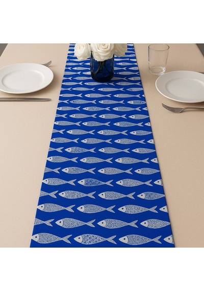 Bodrum Balık Desenli Runner, Duck Kumaş Runner, Su Ve Leke İtici Dayanıklı, Modern Tasarım 40x110 Mavi