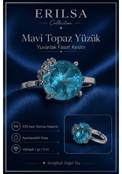 Sertifikalı Mavi Topaz Hürrem Model Yuvarlak Faset Kesim 5 Karat Çok Renkli