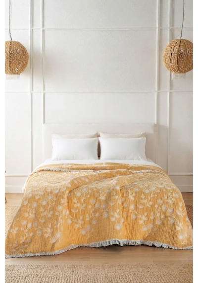 Soleil Bloom 5 Kat Dolgulu Müslin Çift Kişilik Yatak Örtüsü Pike Koltuk Örtüsü %100 Pamuk Çiçek Desenli 220x240 Cm Sarı