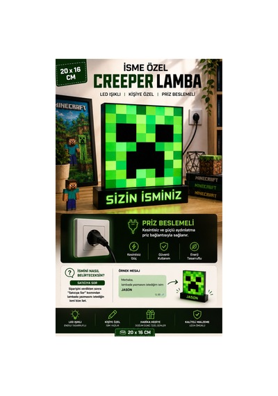 Minecraft Creeper İsme Özel Led Lamba Kişiye Özel Dekoratif Gece Lambası 20x16 Cm Yeşil