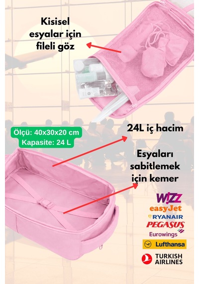 Jet Turtle Seyahat Sırt Çantası 40cm 40x25x15 Cm Pegasus, Wizz Air, Ryanair, El Valizi Koltuk Altı Valizi Pembe