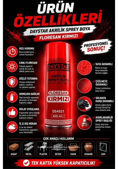Daystar Floresan Kırmızı Akrilik Sprey Boya 400 Ml Hızlı Kuruyan Çok Amaçlı Metal, Ahşap, Plastik Çok Renkli