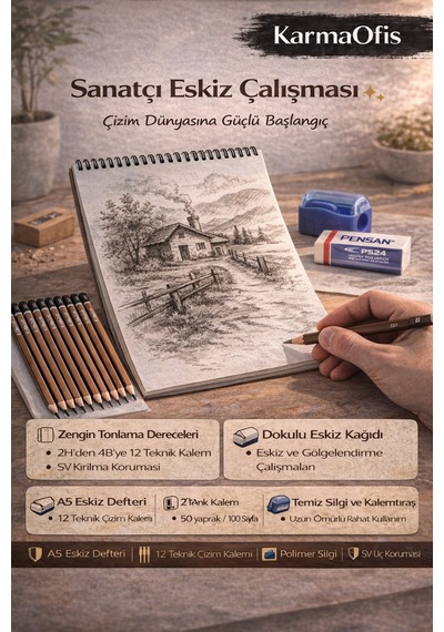 15 Parça Teknik Çizim Seti A5 90gr Eskiz Defteri + 12 Çizim Kalemi + Silgi + Kalemtıraş