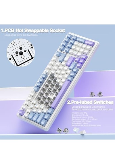 Aula F99 3 Modlu Rgb Hot Swap Mekanik Linear Graywood V3 Switch Kablosuz Makrolu Klavye Lila