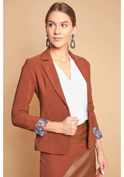 Yakalı Flato Cepli Kolu Duble Uzun Kol Ofis Şık Blazer Kumaş Ceket -koyu Taba K.taba