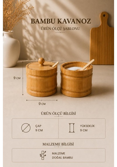 2'li Bambu Baharatlık Seti Kaşıklı Kapaklı Tuzluk Şekerlik Kahve Ve Baharat Saklama Kavanozu 9x9 Cm