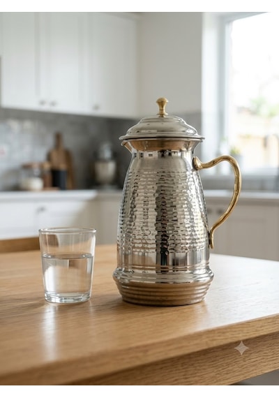 Bakır Sürahi 2,5 Litre İçi Kalaylı 1,2 Mm Kapaklı Dövme Ve El İşlemeli İbrik