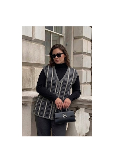 Onno Style Women Kazayağı Desen Renkli Çelik Örgü Triko Kadın Yelek Gri