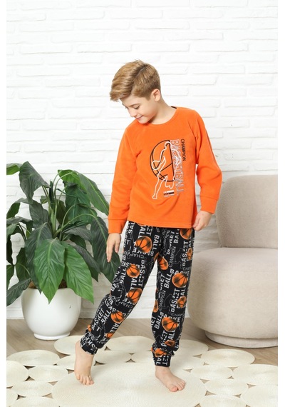 Yeni Stil Sonbahar/kış Erkek Çocuk Basketball Desenli Polar Pijama Takımı 4562 Turuncu
