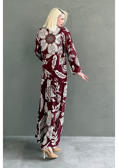 Madmext Bordo Desenli Düğmeli Uzun Kollu Elbise Mg2397 Bordo