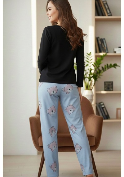 Siyah İnci Pamuklu Örme Pijama Takım 7975 Mavi Pembe Ayıcık