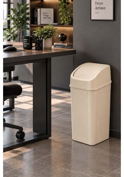 20 Litre Pratik Kapaklı Mutfak Çöp Kovası Büyük Boy Banyo Çöp Kovası Krem