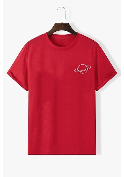 Unisex Saturn Baskılı Tasarım T-shirt Kırmızı