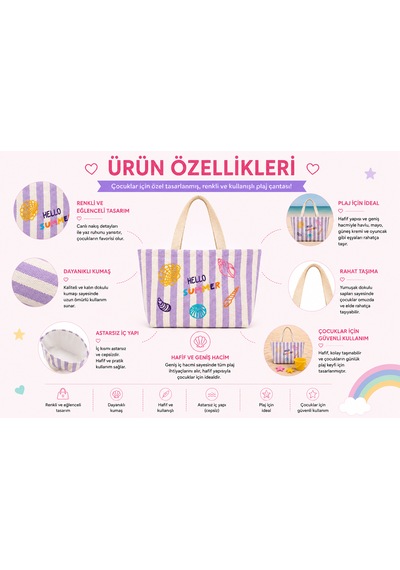 İcone Bag Çocuk Plaj Çantası, Nakışlı Çizgili Kız Plaj Çantası, Kids Beach Bag, Lila Çizgili Çocuk Plaj Çantası